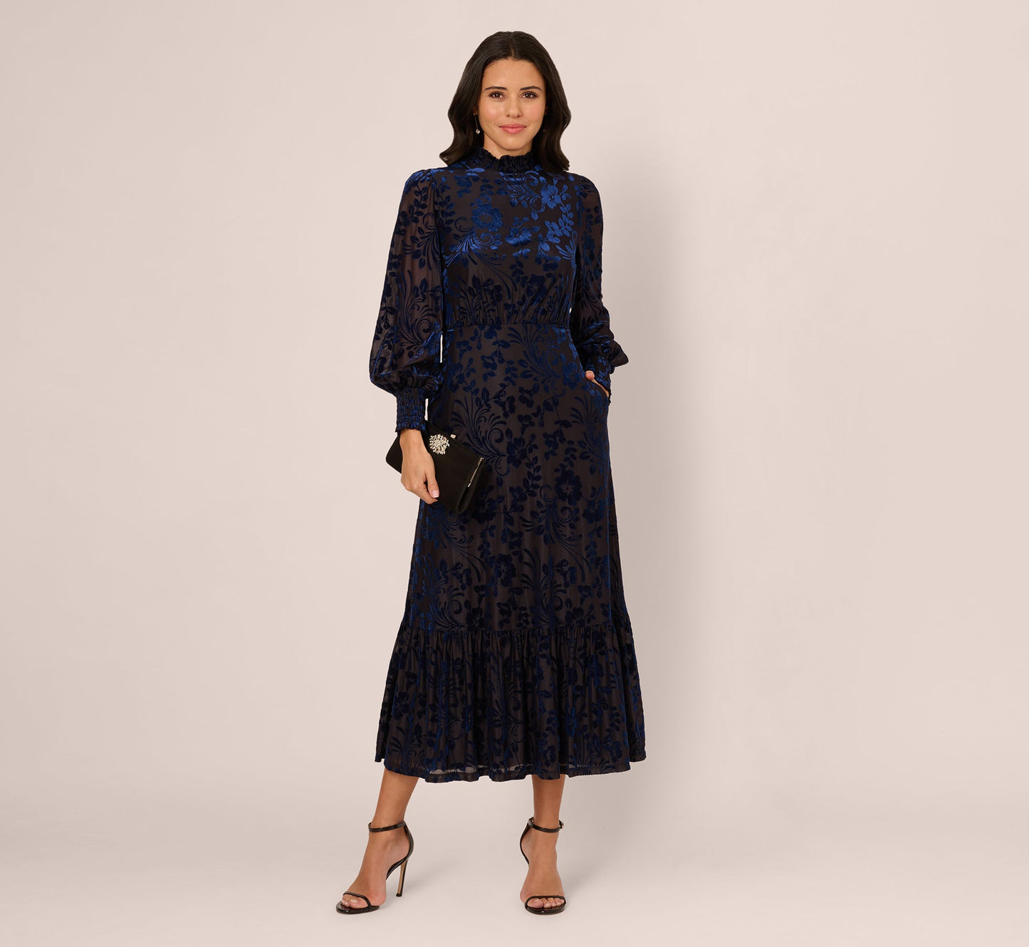 Long Sleeve Floral Velvet Burnout Midi Dress In Light Navy