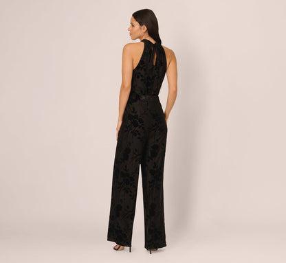 Sleeveless Floral Burnout Velvet Jumpsuit In Black