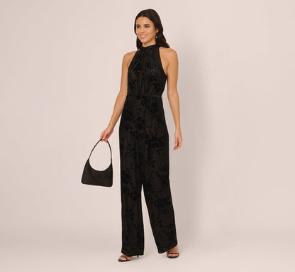 Sleeveless Floral Burnout Velvet Jumpsuit In Black