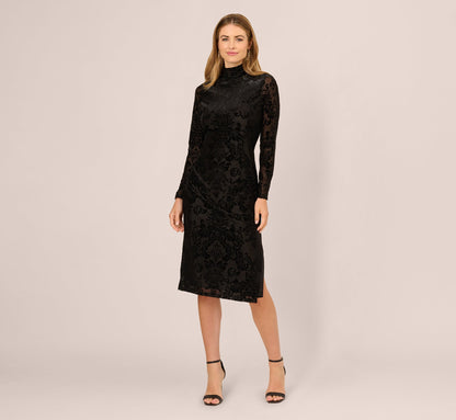 Long Sleeve Damask Burnout Velvet Midi Dress In Black