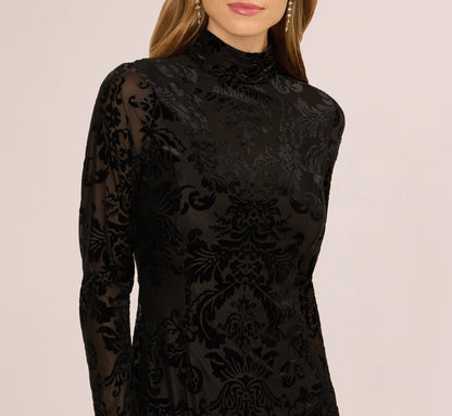 Long Sleeve Damask Burnout Velvet Midi Dress In Black