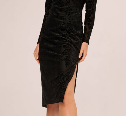 Long Sleeve Damask Burnout Velvet Midi Dress In Black