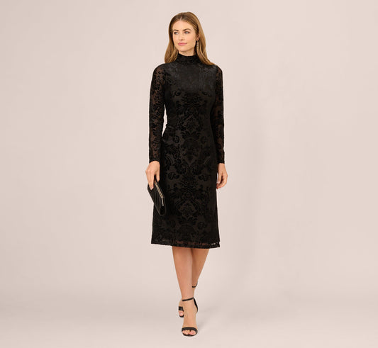 Long Sleeve Damask Burnout Velvet Midi Dress In Black