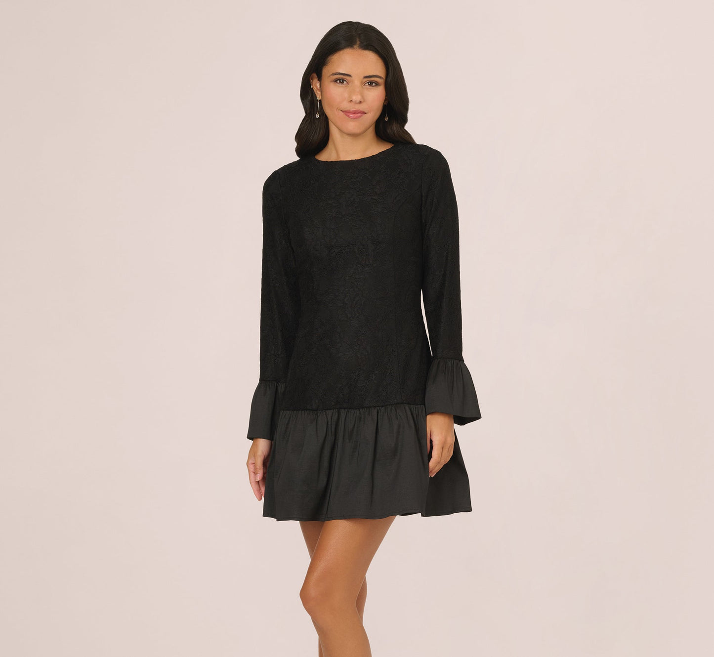 Long Sleeve Drop Waist Lace Dress In Black