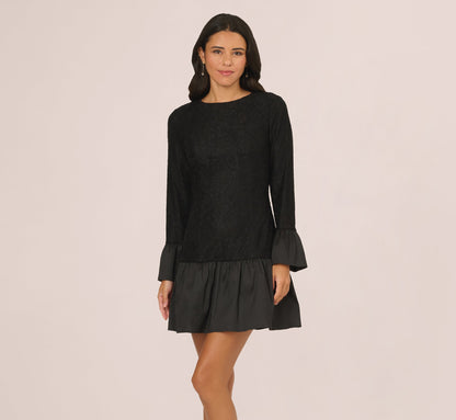 Long Sleeve Drop Waist Lace Dress In Black