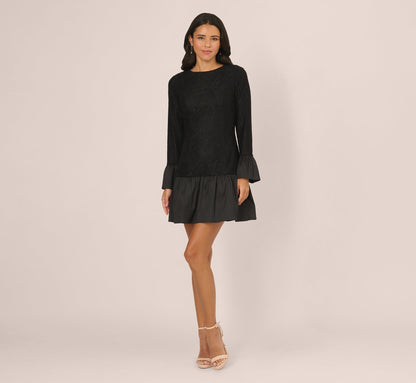 Long Sleeve Drop Waist Lace Dress In Black