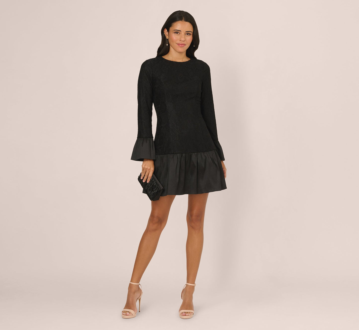 Long Sleeve Drop Waist Lace Dress In Black