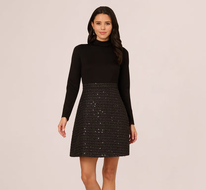 Long Sleeve Sequin Tweed Short Combo Dress In Black