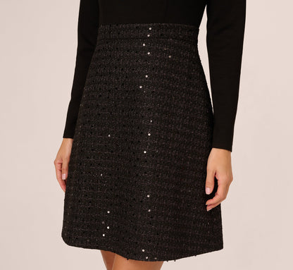 Long Sleeve Sequin Tweed Short Combo Dress In Black