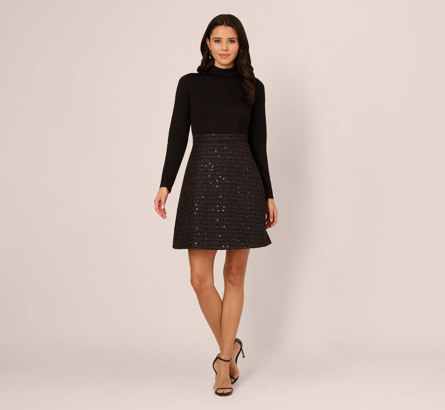 Long Sleeve Sequin Tweed Short Combo Dress In Black