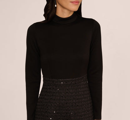 Long Sleeve Sequin Tweed Short Combo Dress In Black