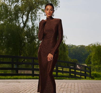 Long Sleeve Shimmer Knit Midi Dress In Bronze Black