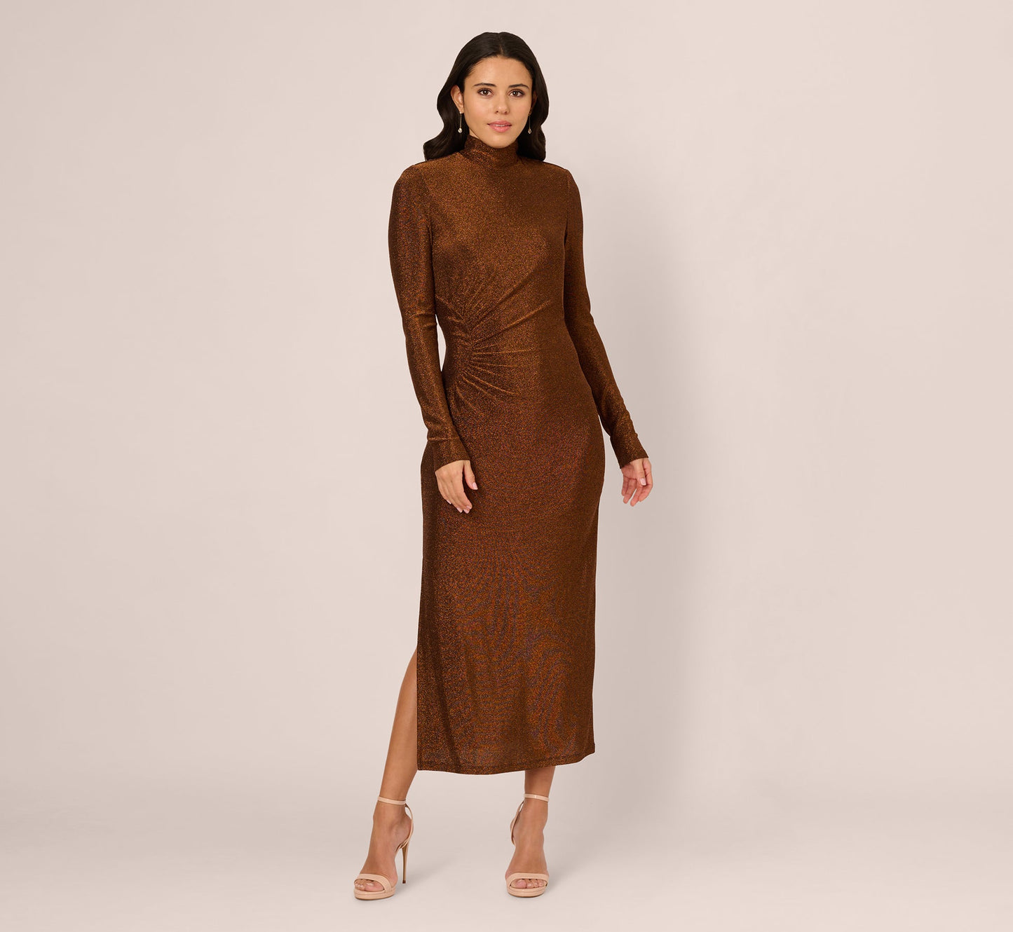 Long Sleeve Shimmer Knit Midi Dress In Bronze Black