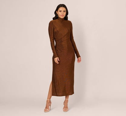 Long Sleeve Shimmer Knit Midi Dress In Bronze Black