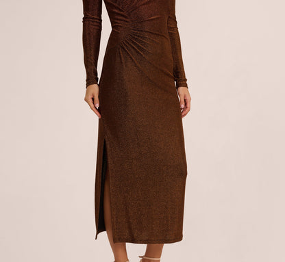 Long Sleeve Shimmer Knit Midi Dress In Bronze Black