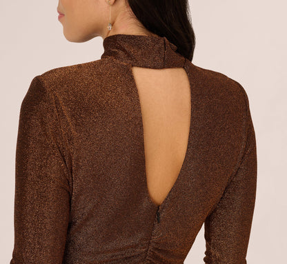 Long Sleeve Shimmer Knit Midi Dress In Bronze Black