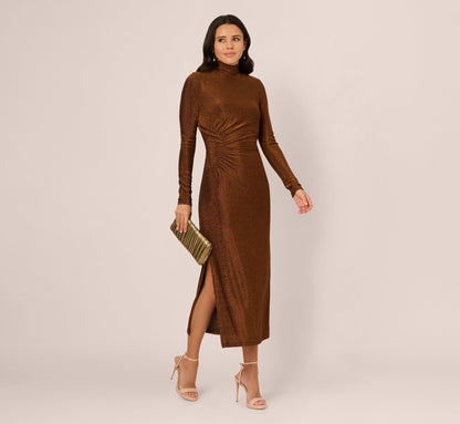 Long Sleeve Shimmer Knit Midi Dress In Bronze Black
