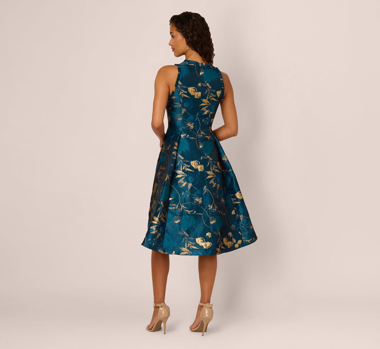 Sleeveless Metallic Vine Jacquard Midi Dress In Teal Sapphire Gold