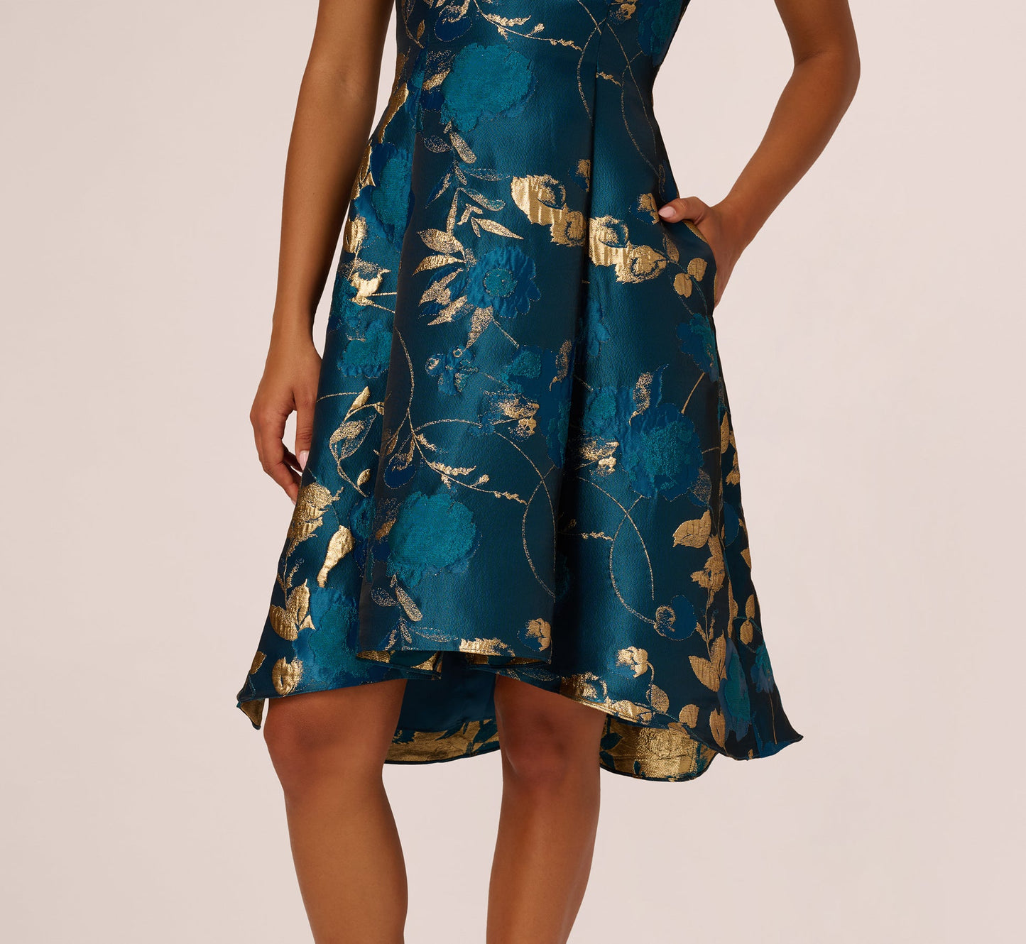 Sleeveless Metallic Vine Jacquard Midi Dress In Teal Sapphire Gold