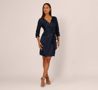 Three Quarter Sleeve Draped Satin Sheath Dress In Dark Navy
