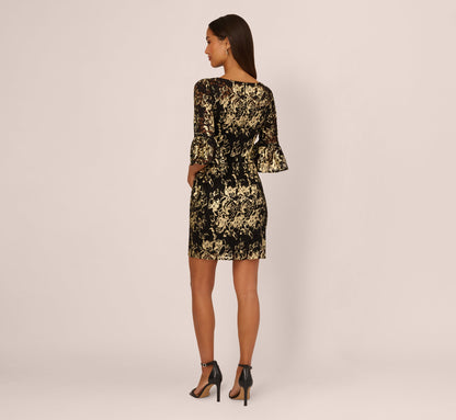 Bell Sleeve Metallic Lace Sheath Dress In Black Gold