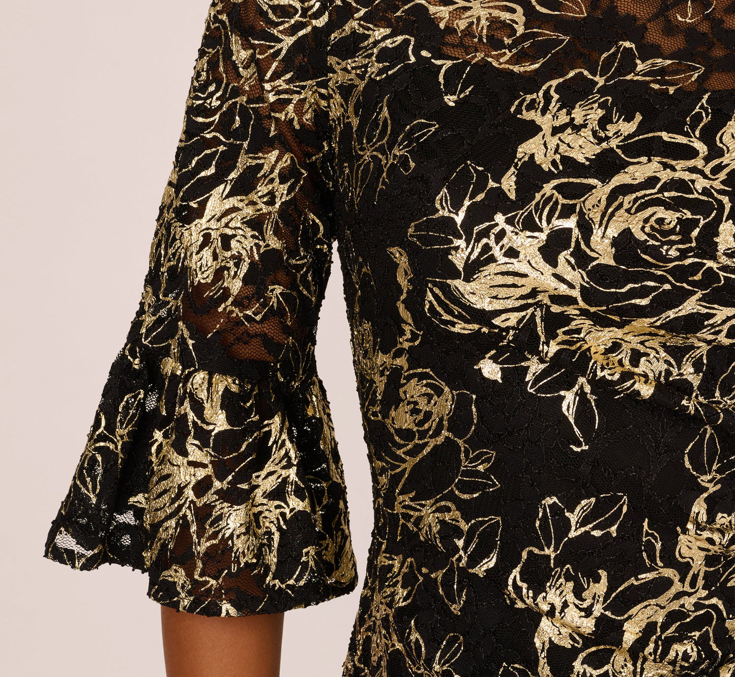 Bell Sleeve Metallic Lace Sheath Dress In Black Gold