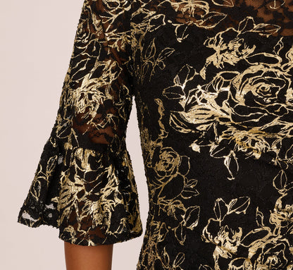 Bell Sleeve Metallic Lace Sheath Dress In Black Gold
