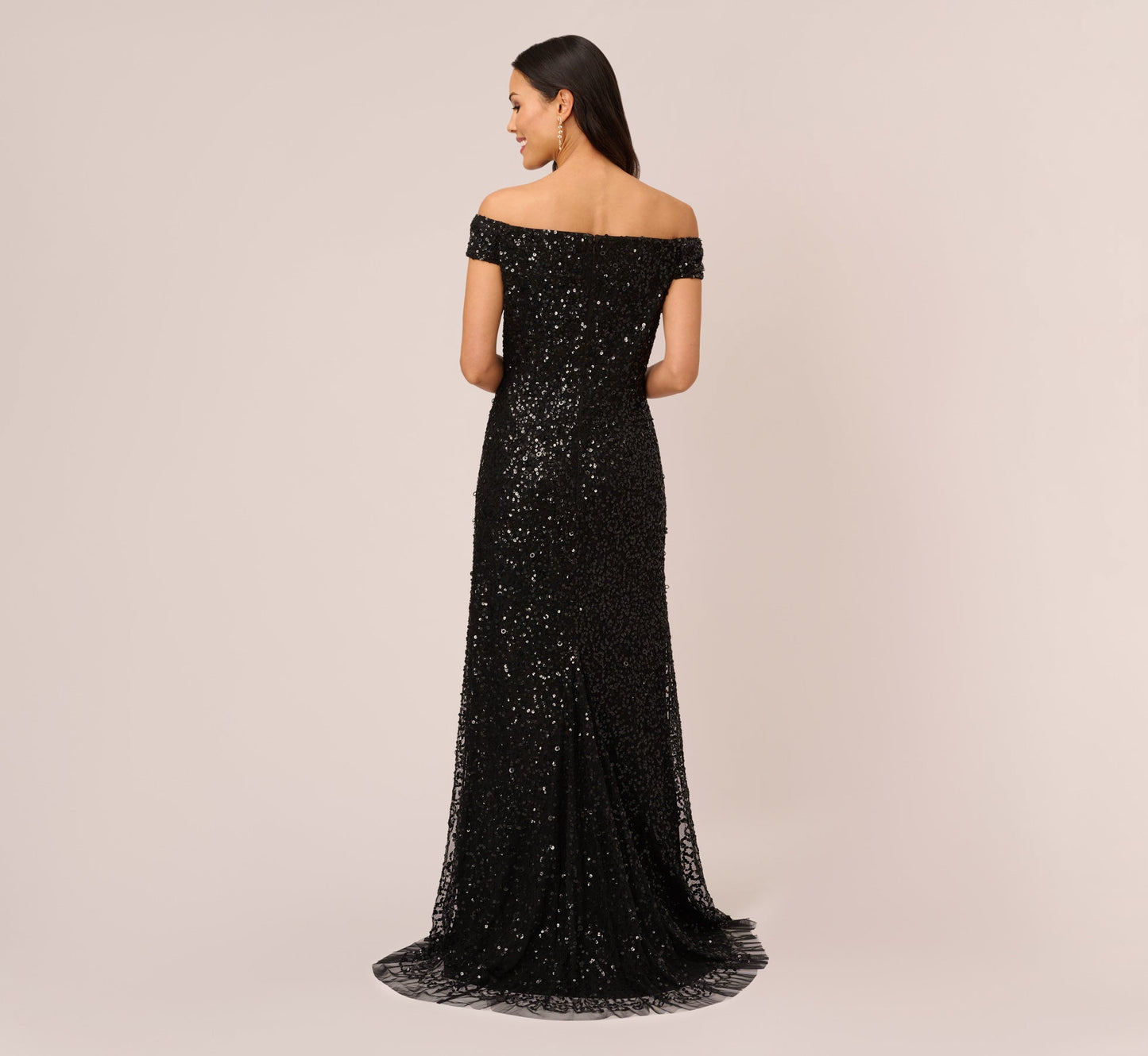Off The Shoulder Sequin Beaded Gown In Black