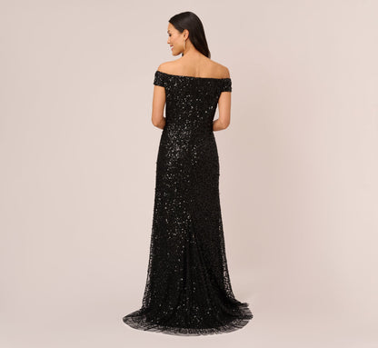 Off The Shoulder Sequin Beaded Gown In Black