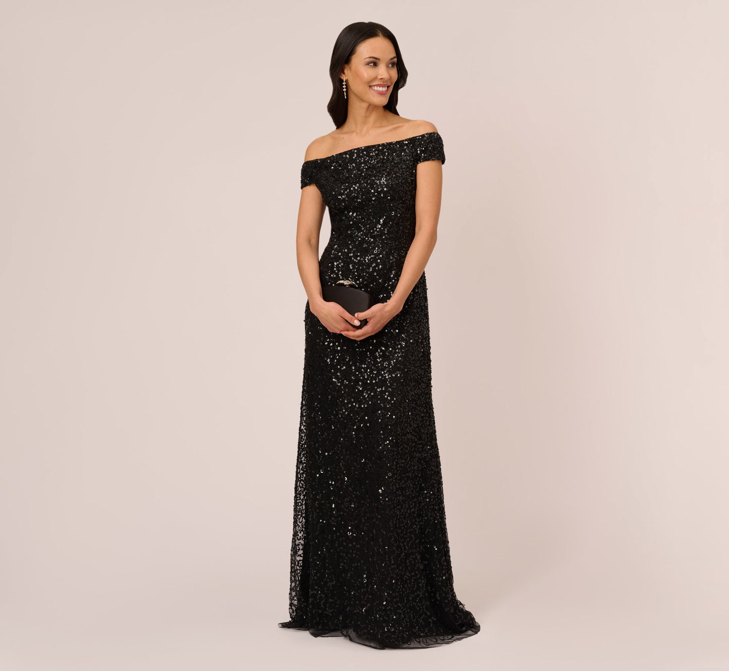 Off The Shoulder Sequin Beaded Gown In Black