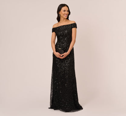 Off The Shoulder Sequin Beaded Gown In Black