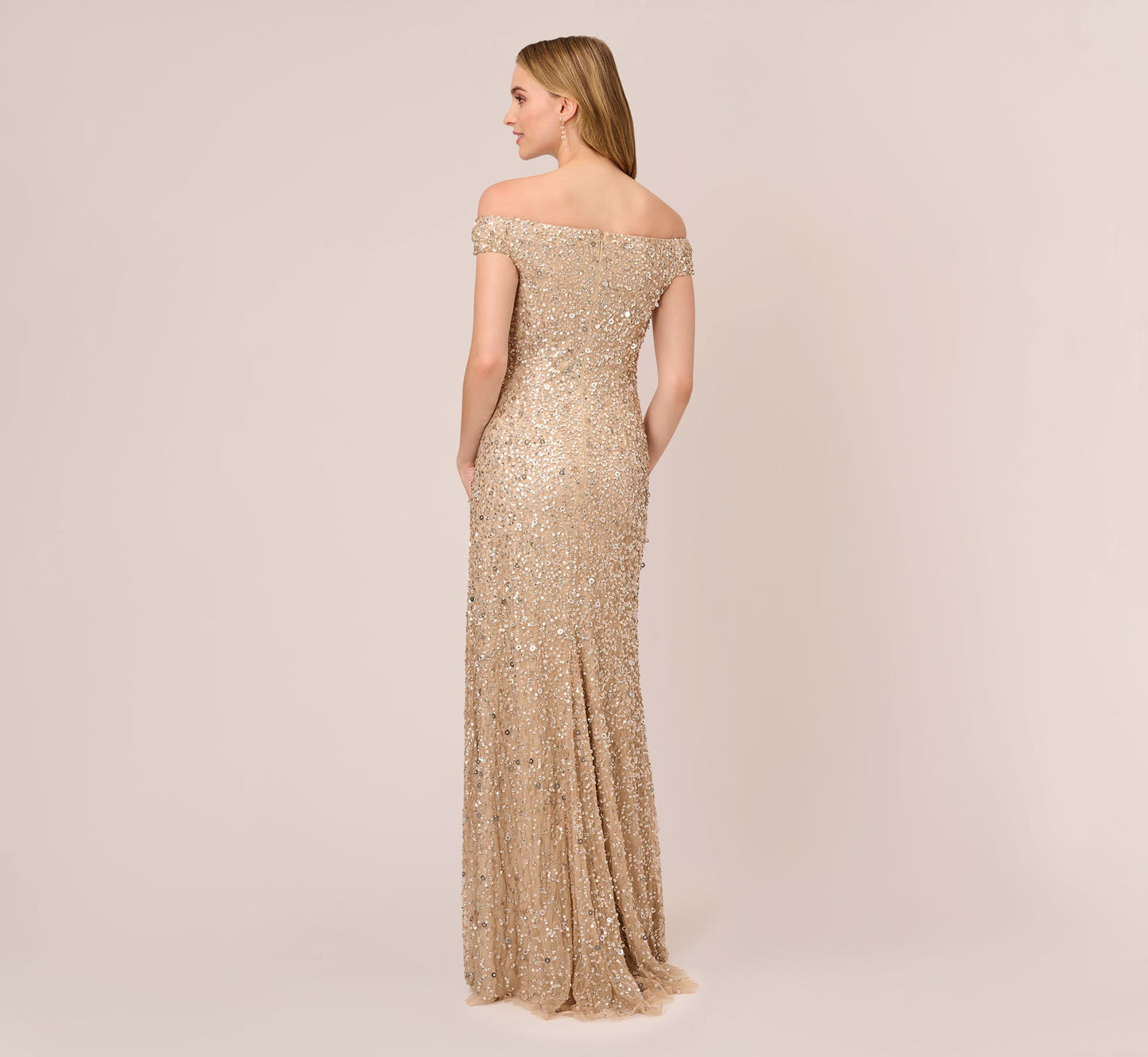 Off The Shoulder Sequin Beaded Gown In Champagne