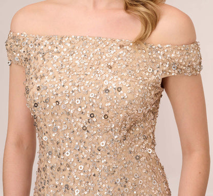 Off The Shoulder Sequin Beaded Gown In Champagne