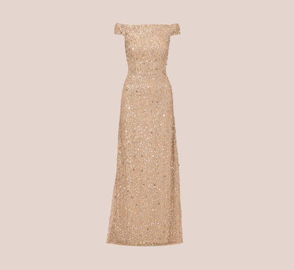 Off The Shoulder Sequin Beaded Gown In Champagne