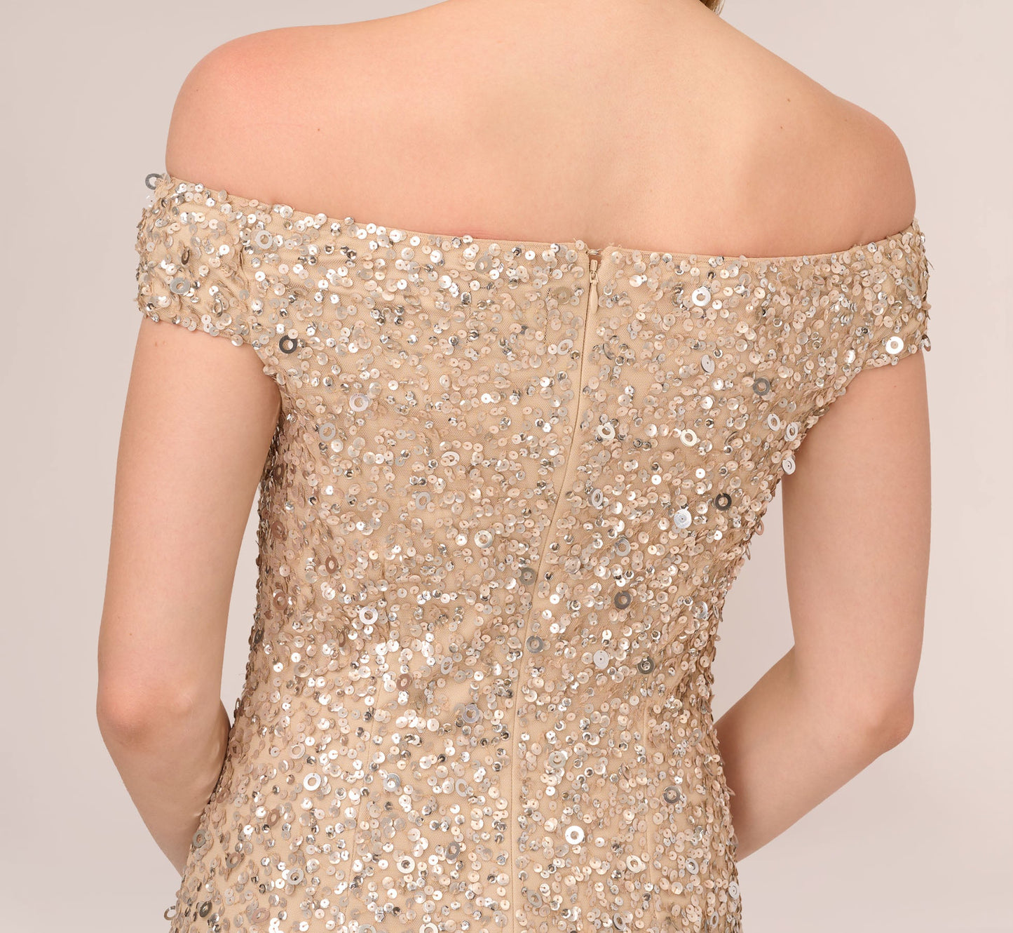Off The Shoulder Sequin Beaded Gown In Champagne