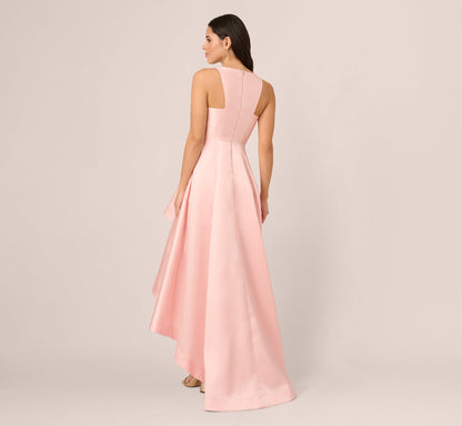 High Low Mikado Gown With Asymmetrical Detail In Pink Peach