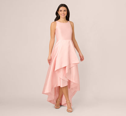 High Low Mikado Gown With Asymmetrical Detail In Pink Peach
