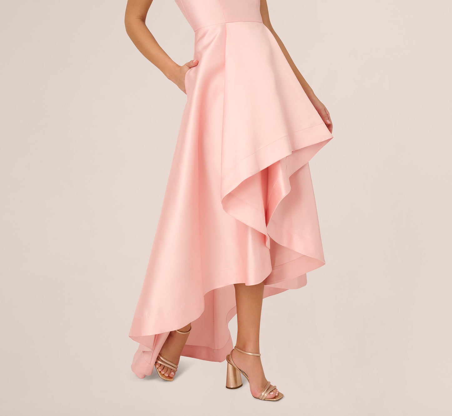 High Low Mikado Gown With Asymmetrical Detail In Pink Peach