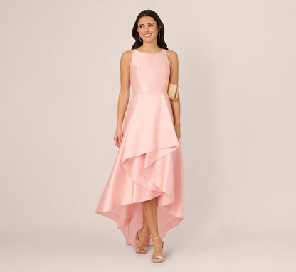 High Low Mikado Gown With Asymmetrical Detail In Pink Peach