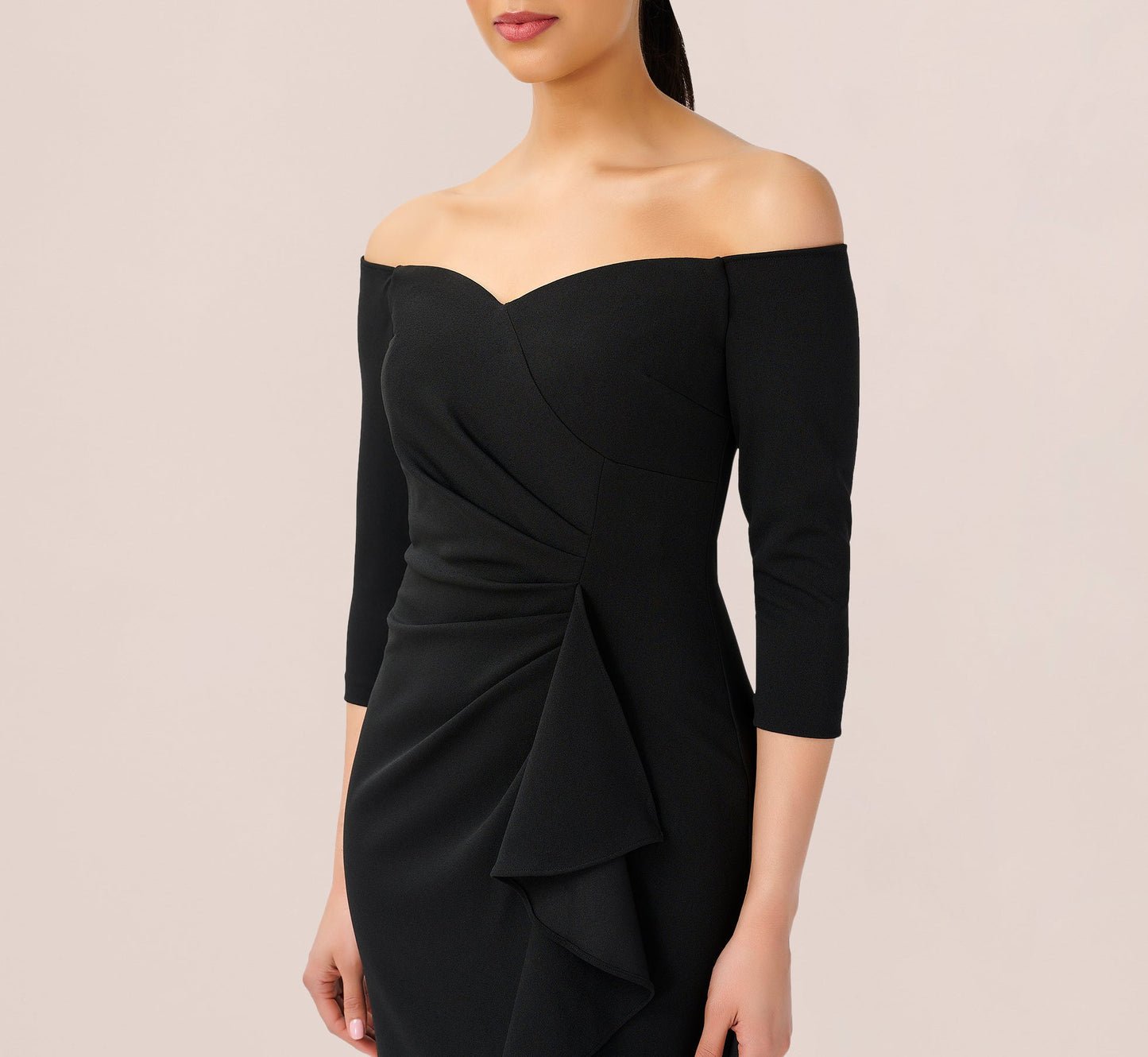 Off The Shoulder Dress With Cascading Ruffle Detail In Black
