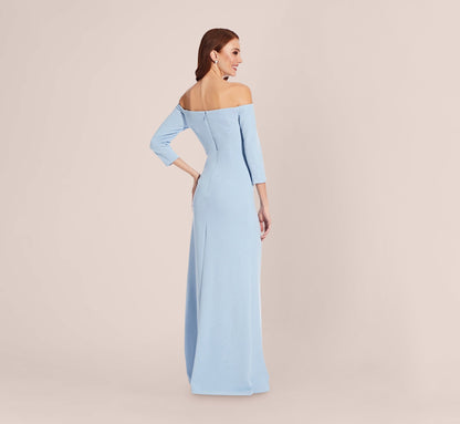 Off The Shoulder Dress With Cascading Ruffle Detail In Blue Mist