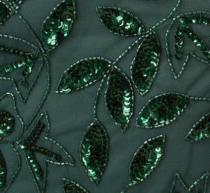 Hand Beaded Short Sleeve Floral Godet Gown In Dusty Emerald