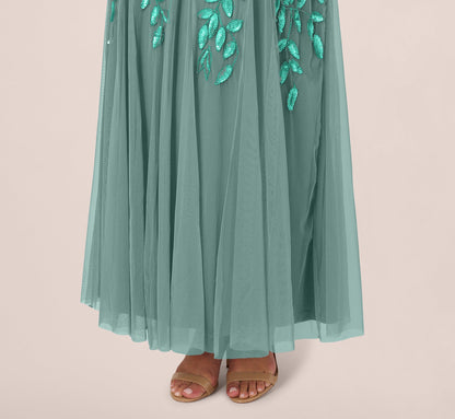 Plus Size Hand Beaded Short Sleeve Floral Godet Gown In Green Slate
