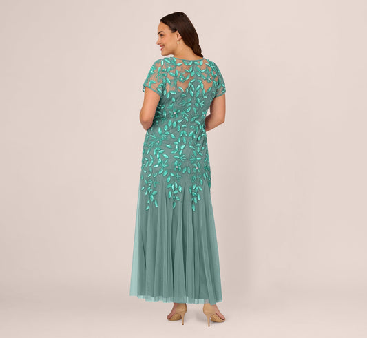 Plus Size Hand Beaded Short Sleeve Floral Godet Gown In Green Slate