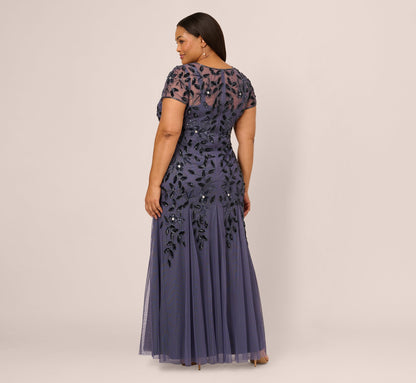 Plus Size Hand Beaded Short Sleeve Floral Godet Gown In Smoky Peri