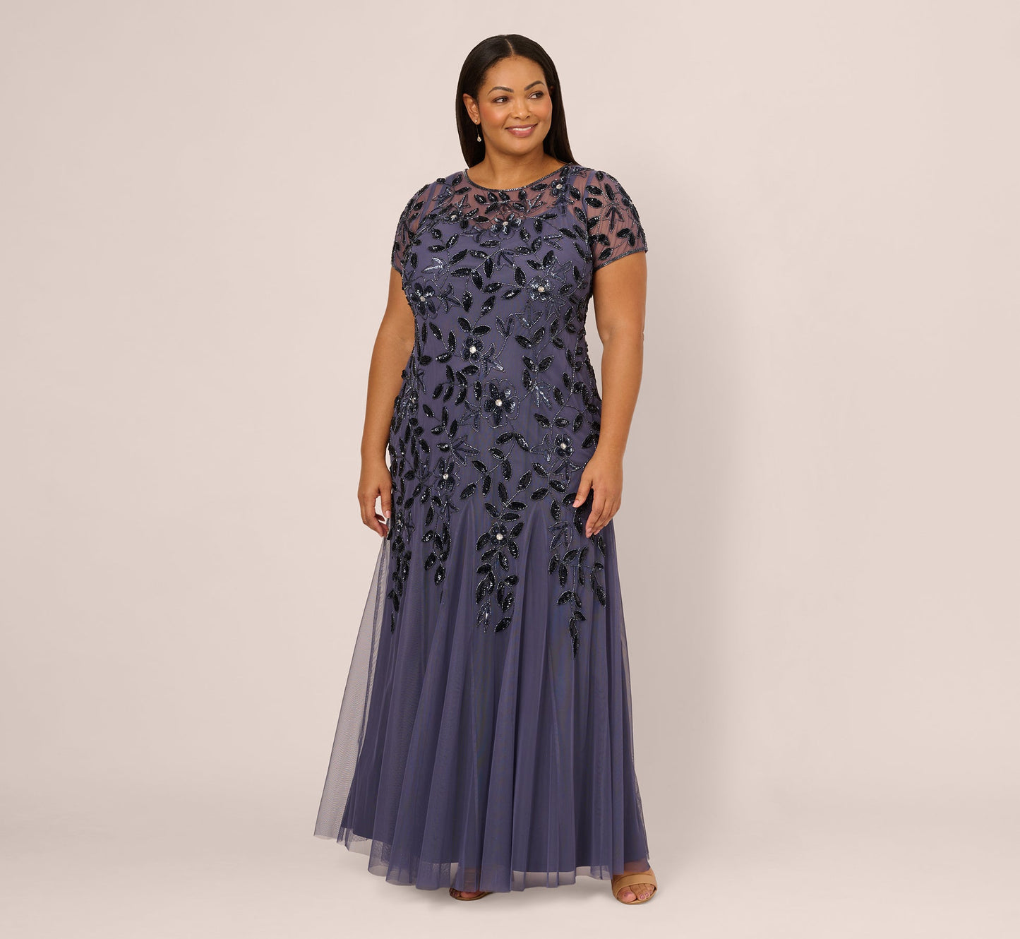 Plus Size Hand Beaded Short Sleeve Floral Godet Gown In Smoky Peri