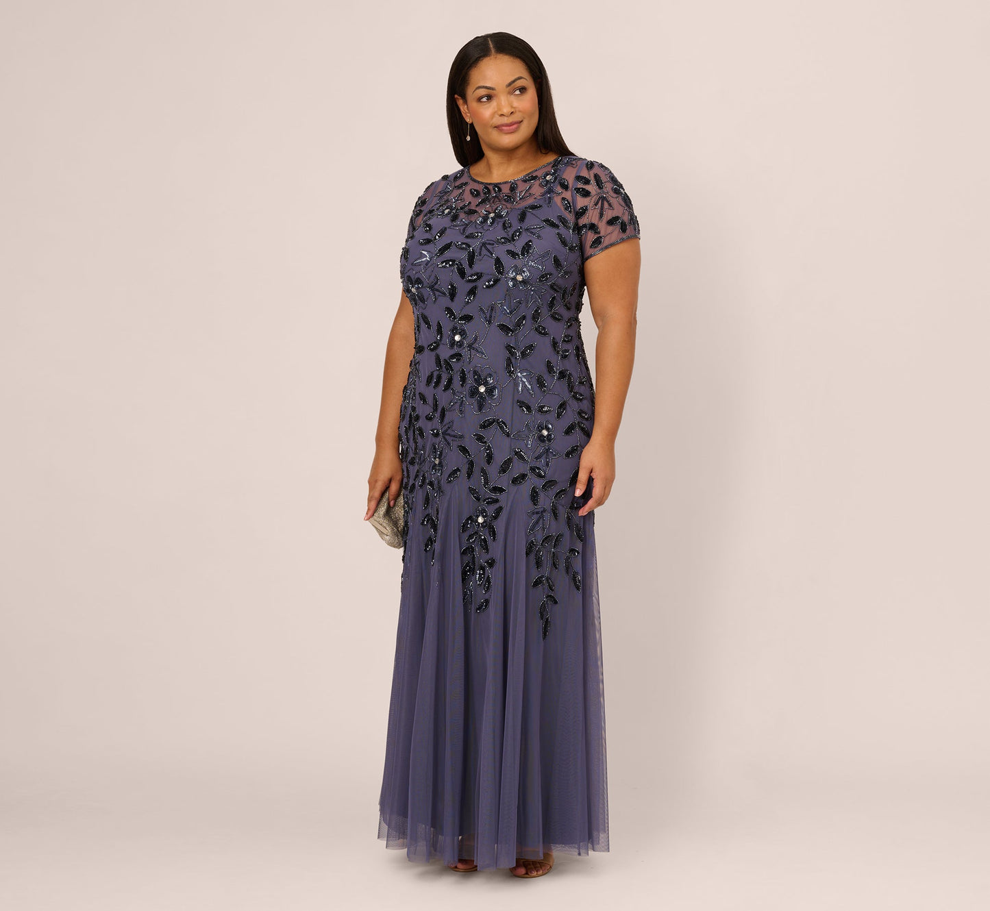 Plus Size Hand Beaded Short Sleeve Floral Godet Gown In Smoky Peri