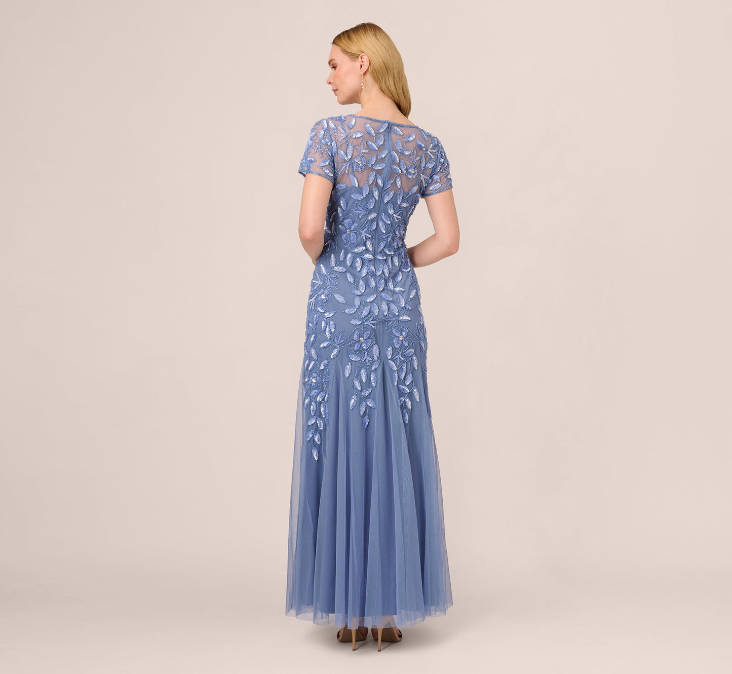 Hand Beaded Short Sleeve Floral Godet Gown In French Blue