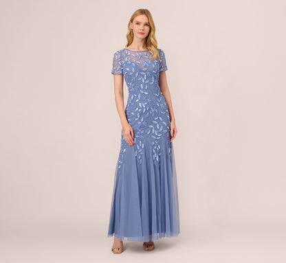 Hand Beaded Short Sleeve Floral Godet Gown In French Blue