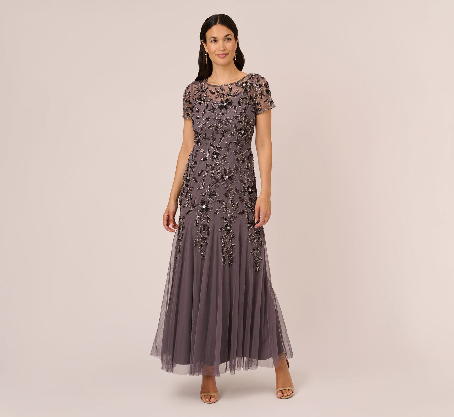 Hand Beaded Short Sleeve Floral Godet Gown In Moonscape